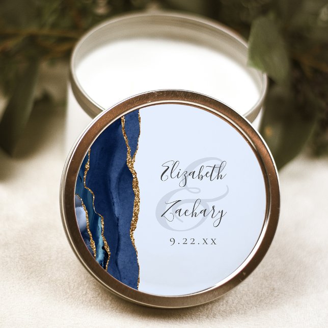 Agate Script Navy Pale Blue Gold Wedding Runder Aufkleber (Von Creator hochgeladen)