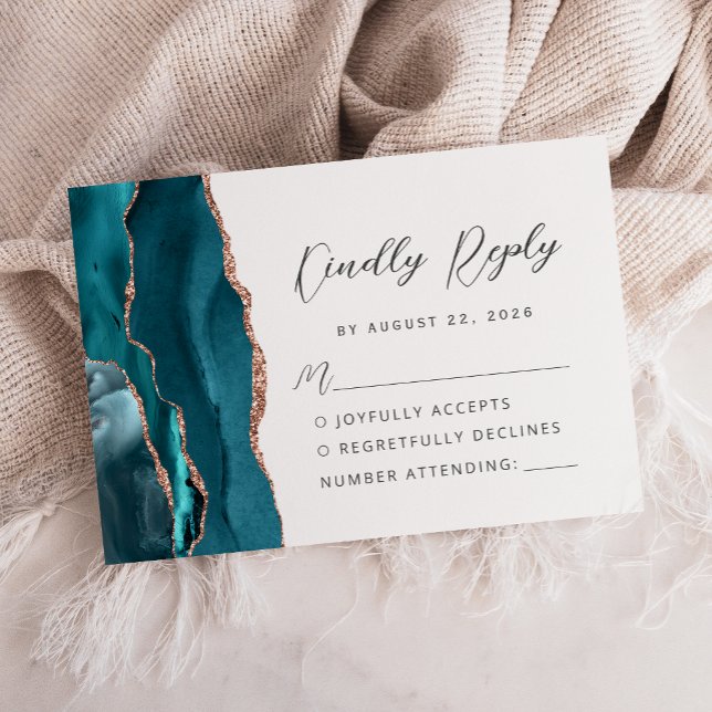 Agate Teal Rose Gold Modern Script Wedding RSVP Karte (Von Creator hochgeladen)