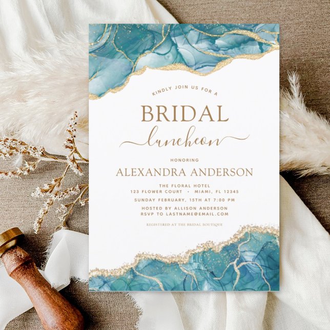 Agate Turquoise Brautparty Luncheon Aquamarin Gold Einladung (Von Creator hochgeladen)