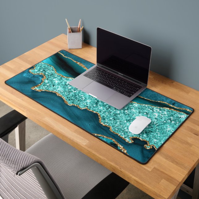 Agate Turquoise Gold Glitzer Marmorschreibmatte Schreibtischunterlage (Büro 2)