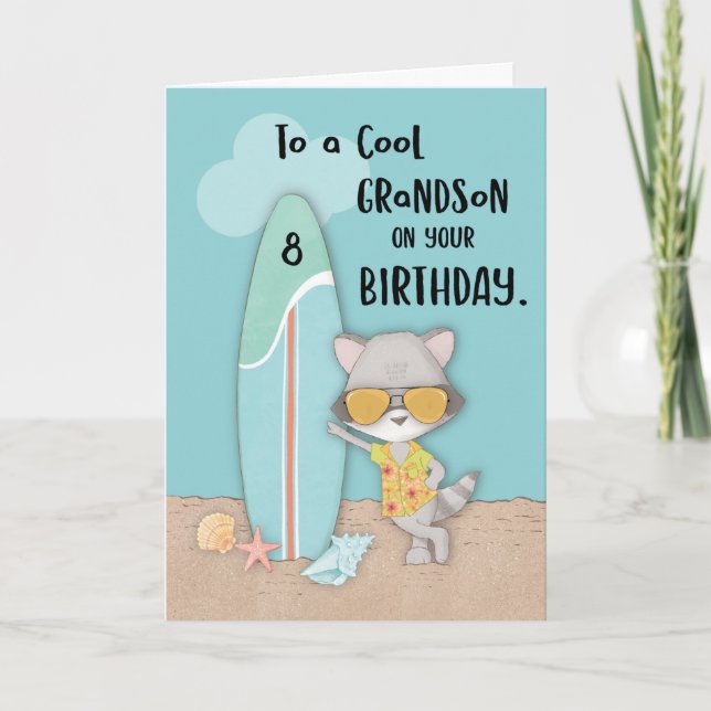 Age 8 Grandson Birthday Beach Funny Cool Raccoon Karte (Vorderseite)