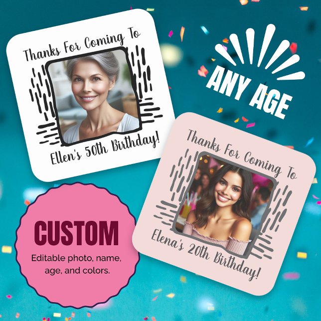 Age Birthday Custom Foto Name Vielen Dank Quadratischer Aufkleber (Any Age Birthday Custom Photo Name Thank You Square Sticker)