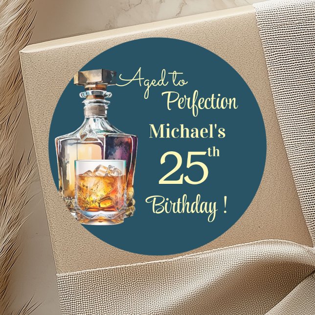 Aged to Perfection Men 25th Whiskey Birthday Runder Aufkleber (Von Creator hochgeladen)