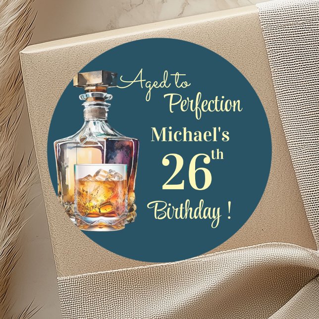 Aged to Perfection Men 26th Whiskey Birthday Runder Aufkleber (Von Creator hochgeladen)
