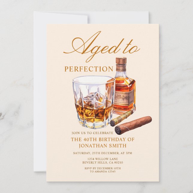 Aged to Perfection Whiskey Adult Birthday Party Einladung (Vorderseite)
