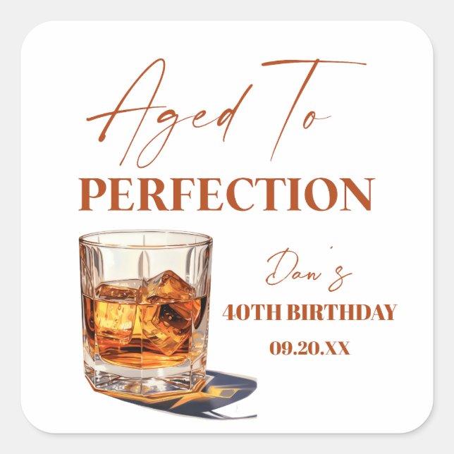 Aged To Perfection Whisky Glass Birthday Party Quadratischer Aufkleber (Vorderseite)