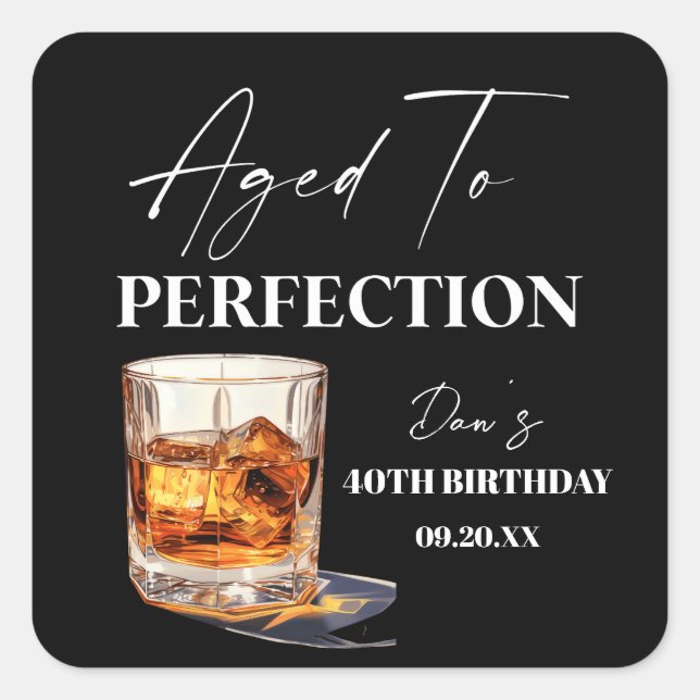 Aged To Perfection Whisky Glass Birthday Party Quadratischer Aufkleber (Vorderseite)