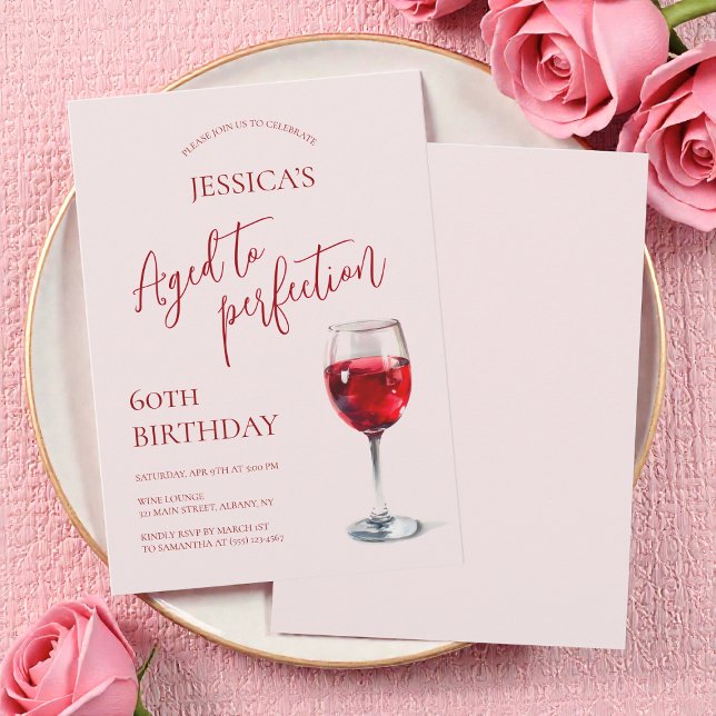 Aged to Perfection Wine Pink 60th Birthday Party Einladung (Aged to Perfection Wine Pink 60th Birthday Party Invitation)