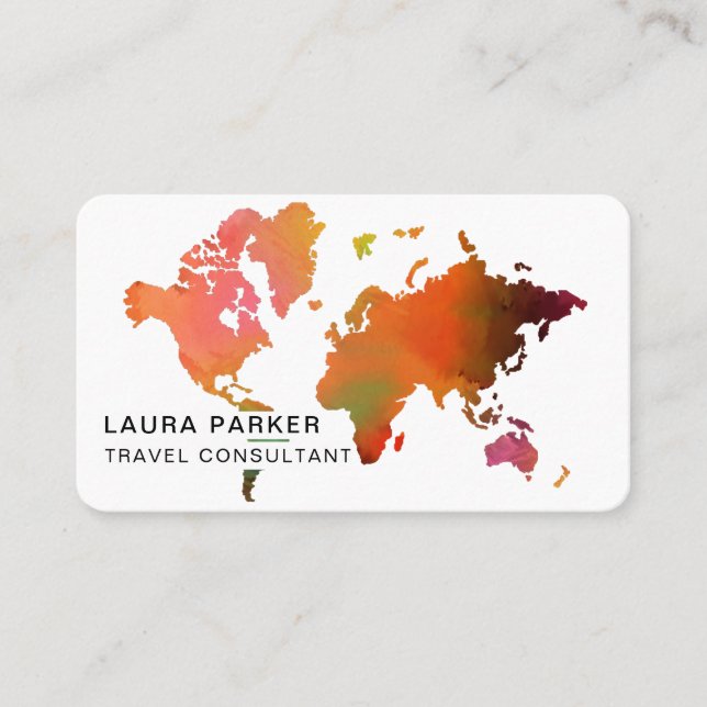 Agent Watercolor Weltkarte Tourismus Buchung Visitenkarte (Vorderseite)