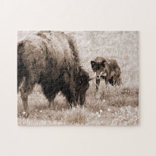 Aggressiver Bison und schwarzer Wolf Puzzle
