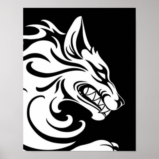 Aggressiver White and Black Tribal Wolf Poster (Vorne)