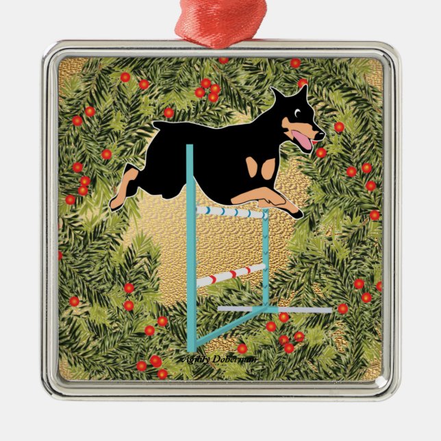 Agility Doberman Silbernes Ornament (Vorne)