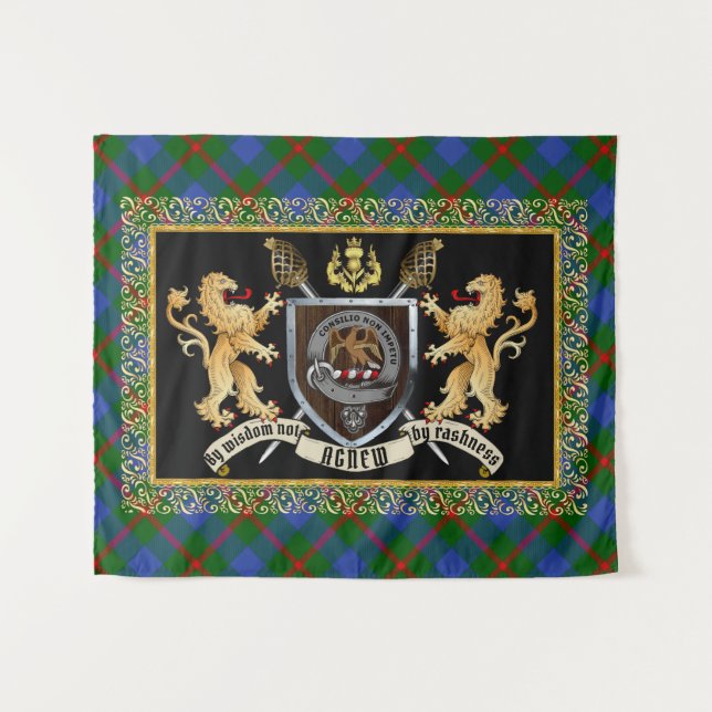 Agnew Clan Abzeichen & Motto w/Lions Tapestry Wandteppich (Vorderseite (Horizontal))
