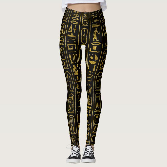 Ägyptische alte Goldhieroglyphen auf Schwarzem Leggings (Vorderseite)