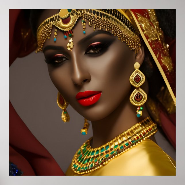 Ägyptische Frau Exotisches Kopftuch goldblau Poster (Vorne)