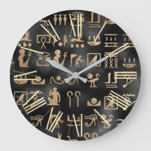 Ägyptische goldene Hieroglyphen auf schwarz Große Wanduhr