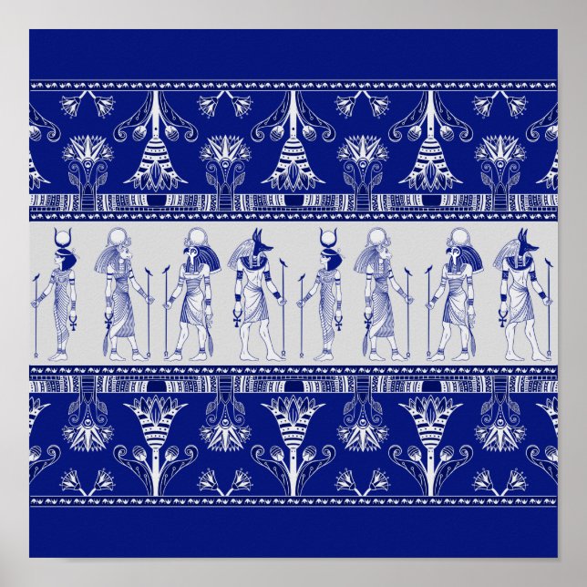 ägyptische Götter und Ziergrenze - blau-grau Poster (Vorne)