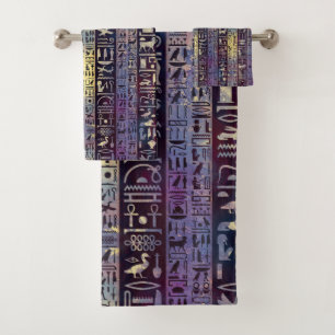 Ägyptische Hieroglyphen auf lila Veilchen Badhandtuch Set