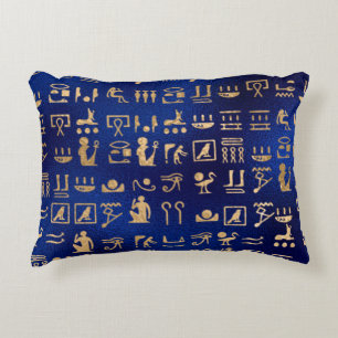 Ägyptische Hieroglyphen aus Gold auf blau Dekokissen