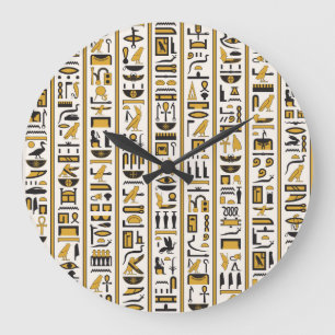 Ägyptische Hieroglyphen: Gelb-Schwarz Nahtlos. Große Wanduhr
