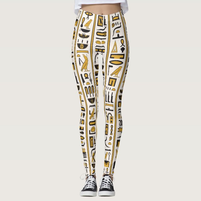 Ägyptische Hieroglyphen: Gelb-Schwarz Nahtlos. Leggings (Vorderseite)