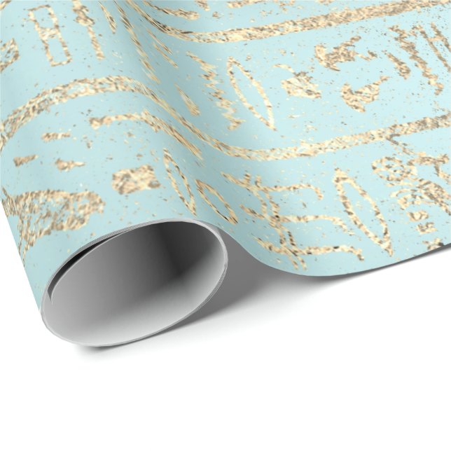 Ägyptische Hieroglyphen Gold Blue Aqua Pastel Geschenkpapier (Rolleneckpunkt)