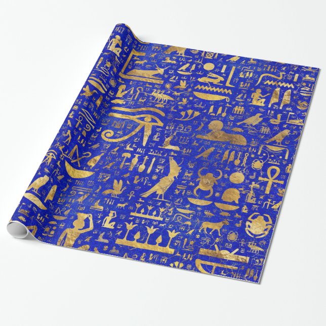 Ägyptische Hieroglyphen - Lapis Lazuli und Gold Geschenkpapier (Ungerollt)