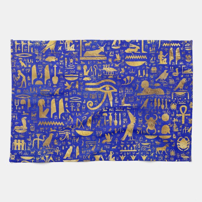 Ägyptische Hieroglyphen - Lapis Lazuli und Gold Geschirrtuch (Horizontal)