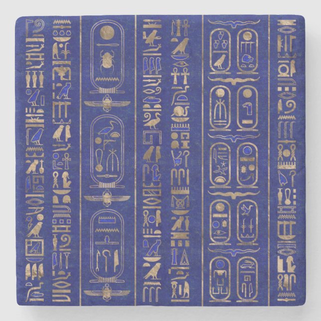 Ägyptische Hieroglyphen-Muster Gold Lapis Lazuli Steinuntersetzer (Vorderseite)