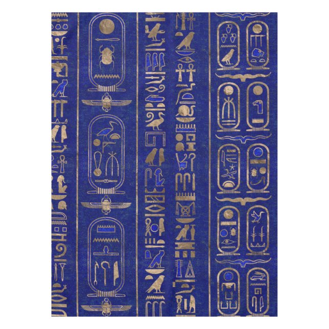 Ägyptische Hieroglyphen-Muster Gold Lapis Lazuli Tischdecke (Vorderseite)