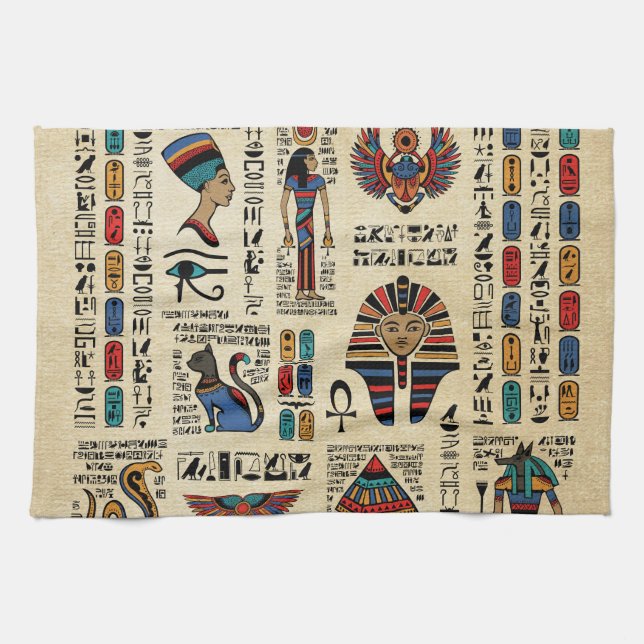 Ägyptische Hieroglyphen und Gottheiten auf Papyrus Geschirrtuch (Horizontal)