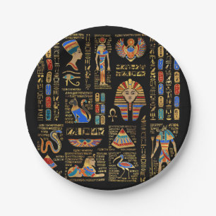 Ägyptische Hieroglyphen und Gottheiten auf schwar Pappteller