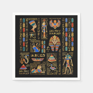 Ägyptische Hieroglyphen und Gottheiten auf schwar Serviette