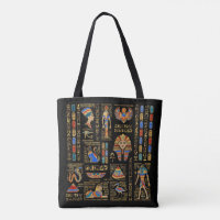 Ägyptische Hieroglyphen und Gottheiten auf schwarz