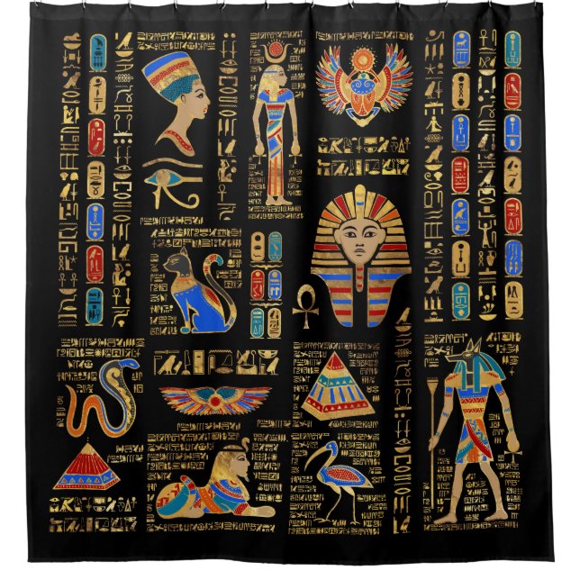 Ägyptische Hieroglyphen und Gottheiten auf schwarz Duschvorhang (Vorderseite)