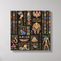 Ägyptische Hieroglyphen und Gottheiten auf schwarz