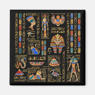 Ägyptische Hieroglyphen und Gottheiten auf schwarz Magnet