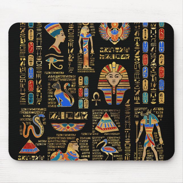 Ägyptische Hieroglyphen und Gottheiten auf schwarz Mousepad (Vorne)