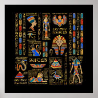 Ägyptische Hieroglyphen und Gottheiten auf schwarz