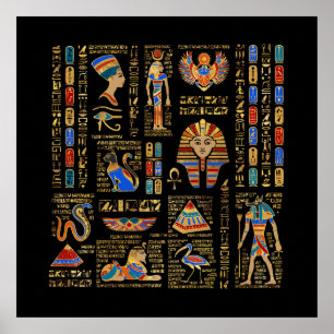 Ägyptische Hieroglyphen und Gottheiten auf schwarz Poster