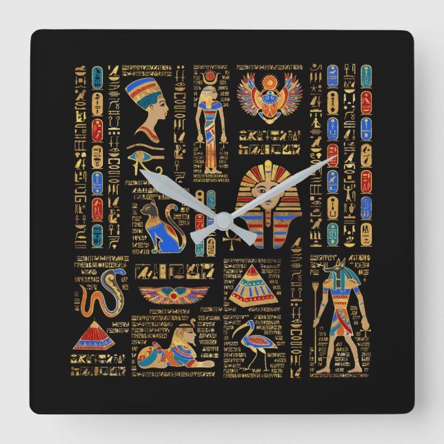 Ägyptische Hieroglyphen und Gottheiten auf schwarz Quadratische Wanduhr (Vorderseite)