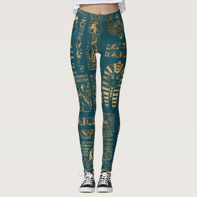 Ägyptische Hieroglyphen und Gottheiten - Gold auf Leggings (Vorderseite)