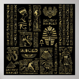 Ägyptische Hieroglyphen und Gottheiten, Gold auf s Poster