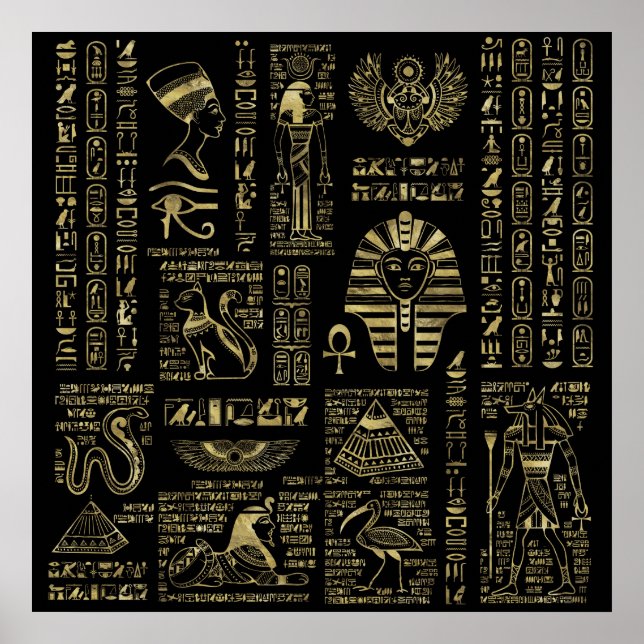 Ägyptische Hieroglyphen und Gottheiten, Gold auf s Poster (Vorne)