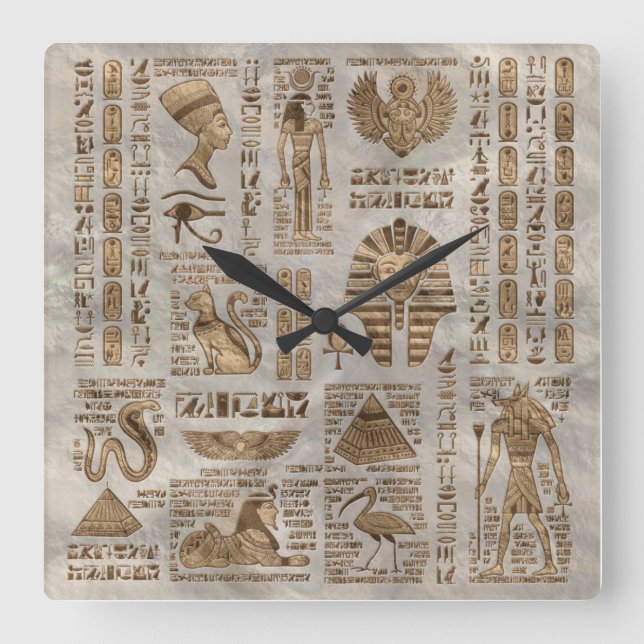 Ägyptische Hieroglyphen und Gottheiten - Vintages  Quadratische Wanduhr (Vorderseite)