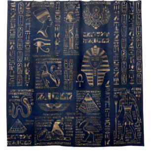 Ägyptische Hieroglyphen und Gottheitgold auf Duschvorhang
