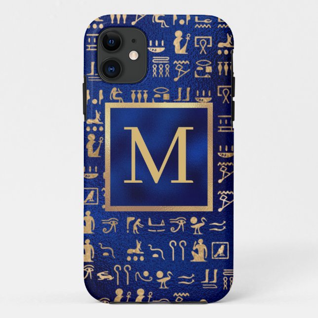 Ägyptische Hieroglyphics aus Gold auf Blue Intial Case-Mate iPhone Hülle (Rückseite)
