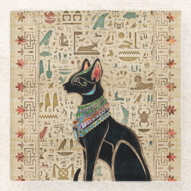 Ägyptische Katze - Bastet auf Papyrus Glasuntersetzer (Vorderseite)