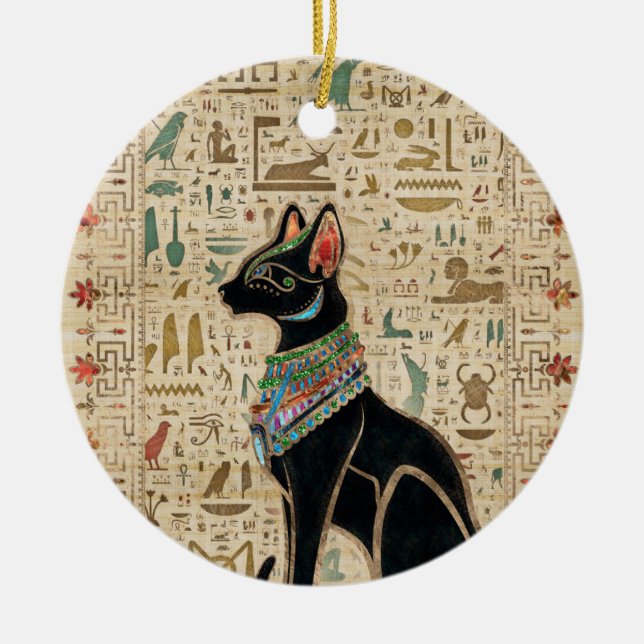 Ägyptische Katze - Bastet auf Papyrus Keramik Ornament (Vorne)