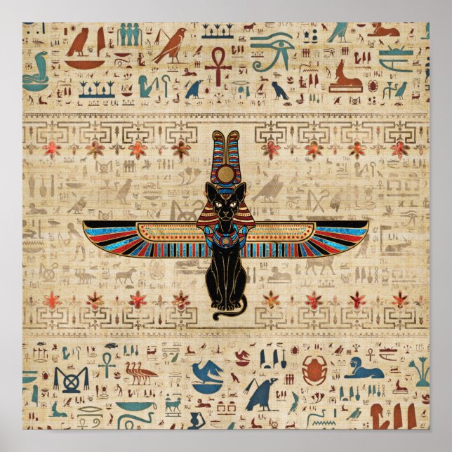 Ägyptische Katze - Bastet auf Papyrus Poster (Vorne)